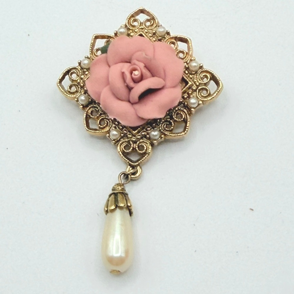 Vintage 1928 Jewelry Pink Rose Filigree Brooch Women Gold Tone Faux Pearl Dangle